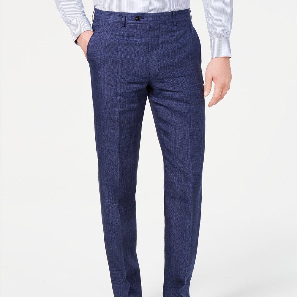 Men's Stretch Blue Plaid Linen Suit Pants 34Wx30L